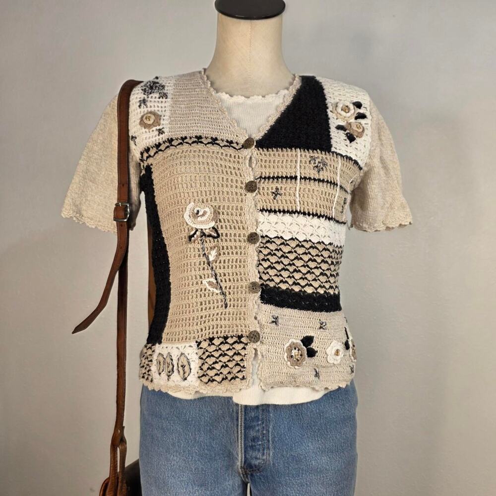 Vintage 90s Patchwork Faux Cardigan Sweater Short Sleeve Coquette Cottagecore